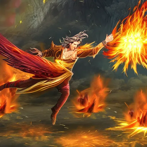 Prompt: wizard in battle throwing an exploding phoenix at his enemies