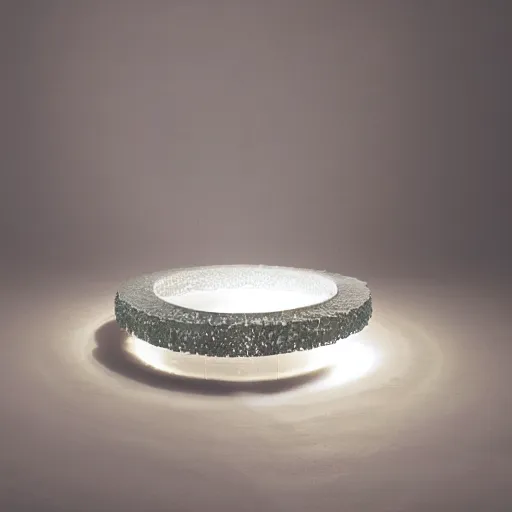 Image similar to a sculpture of three concentric rings made of clear crystal casting caustics on a white table morning light