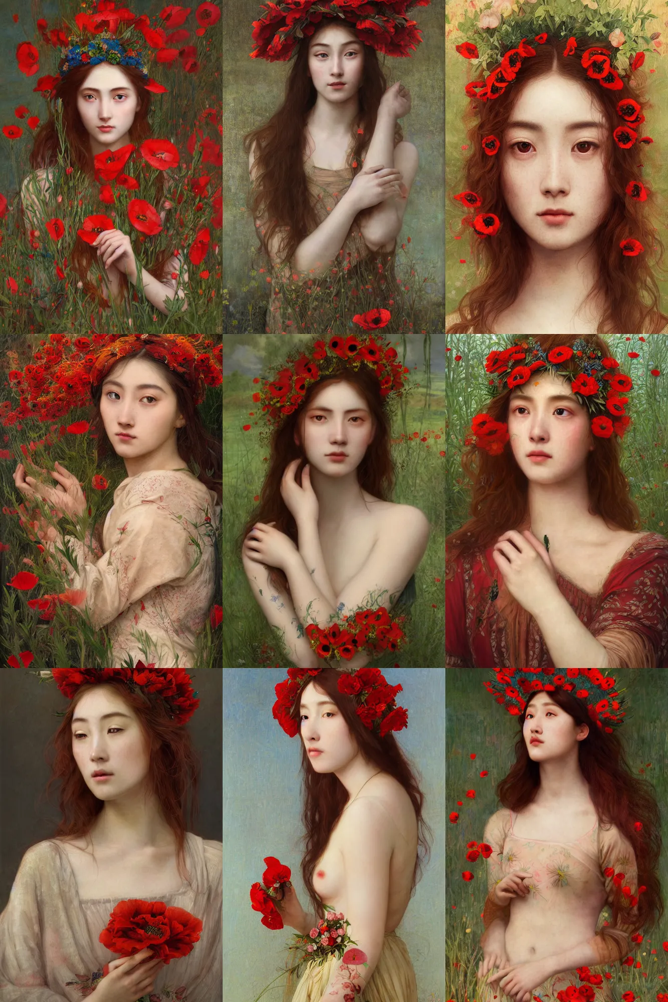 Prompt: Pre-raphaelite portrait painting of a beautiful asian girl with freckles, wearing a flower headpiece made of red poppies, surrounded by big flowers, porcelain skin, cinematic lighting, photo realistic, highly detailed, maya, digital painting, artstation, concept art, sharp focus, illustration, by Mucha