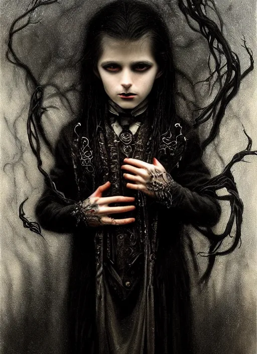 Image similar to highly detailed oil painting | very intricate | cinematic lighting | black, white and blood color scheme, dark background | portrait of a exquisite beautiful vampire little boy with long elegant tangles of black hair, eyes, gothic fog ambience, hyper realistic head, fantasy victorian art, in the style of greg rutkowski, zdizslaw beksinski, intricate, alphonse mucha