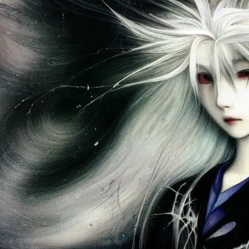 Image similar to Yoshitaka Amano dreamy and blurry portrait of an anime girl with white hair and cracks on her face wearing dress suit with tie fluttering in the wind, abstract black and white patterns on the background, head turned to the side, noisy film grain effect, highly detailed, Renaissance oil painting, weird camera angle