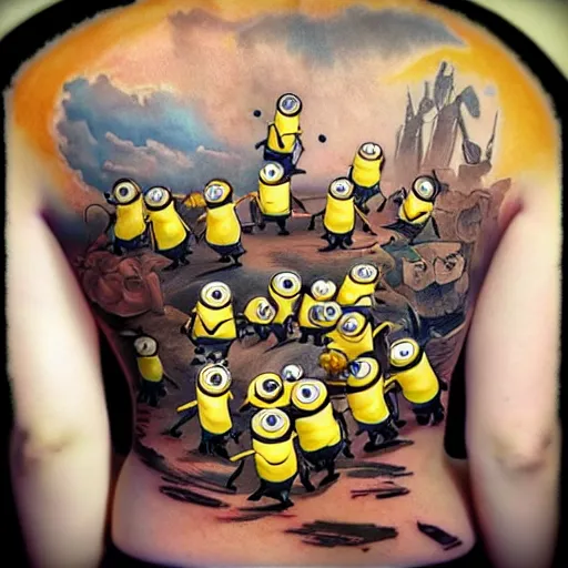 Image similar to tattoo of army of cute minions on female lower back, epic, colorful, beautiful, intricate detail