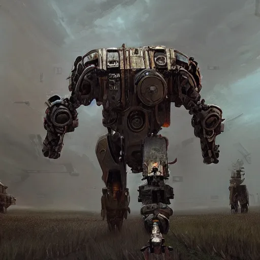 Image similar to a walking mechanical goliath with alot of guns moving through an open field, au naturel, hyper detailed, digital art, trending in artstation, cinematic lighting, studio quality, smooth render, unreal engine 5 rendered, octane rendered, art style by klimt and nixeu and ian sprigger and wlop and krenz cushart