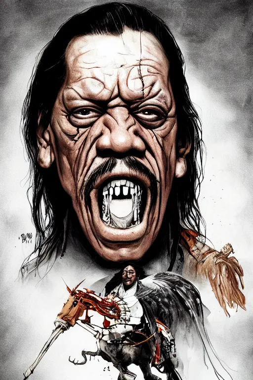 Image similar to danny trejo in sleepy hollow, full body, big two toned eyes, teeth gritted, horror, intricate details, cinematic, epic, realistic, anatomy, tomer hanuka, uplight, artstation, photorealistic, scary