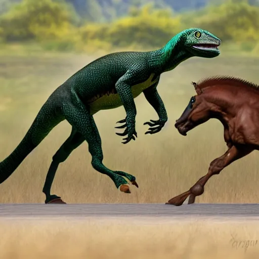 Prompt: a realistic photo of a green velociraptor boxing a brown horse