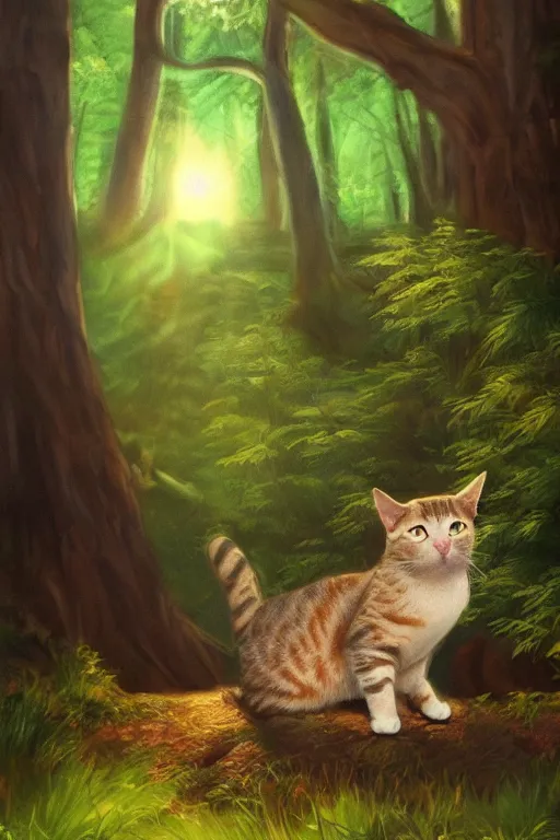 Prompt: cat in a forest, by wayne mcloughlin, trending on artstation, backlighting, sunlight