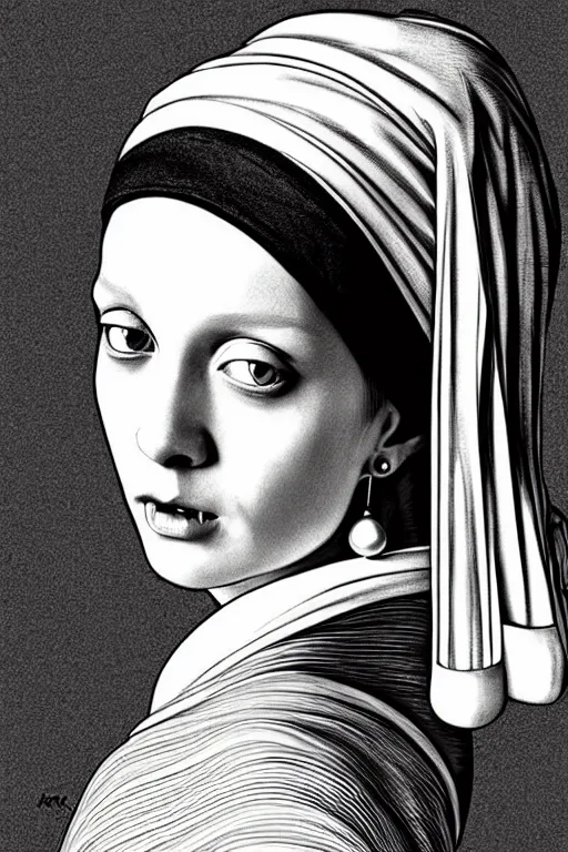 Image similar to beautiful portrait of a woman, negative no not the girl with a pearl earring, highly detailed ink illustration, b & w clean shaped illustration by kim jung gi, ric estrada, ron english and eiichiro oda