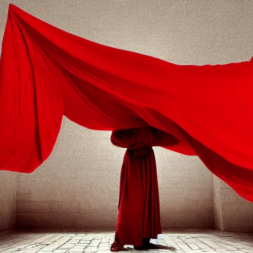 Image similar to a roman statue covered by red cloth that's blowing in the wind, digital art, concept art, cloth simulation with houdini, octane, redshift, 8 k