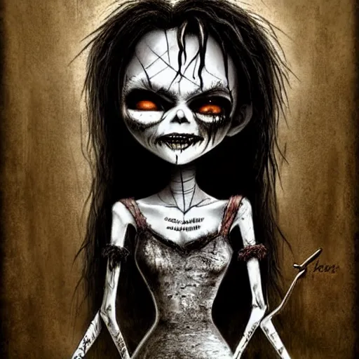 Image similar to grunge drawing of chucky by - michael karcz , in the style of corpse bride, loony toons style, horror themed, detailed, elegant, intricate