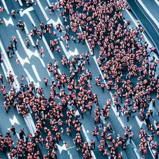 Prompt: sprinter running towards a swarm of zombies in a deserted shibuya square during sunset, from a bird eye view