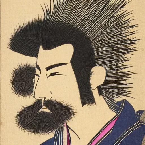 Image similar to japanese woodblock print of a punk with a mohawk and beard, profile picture with decorative flowers