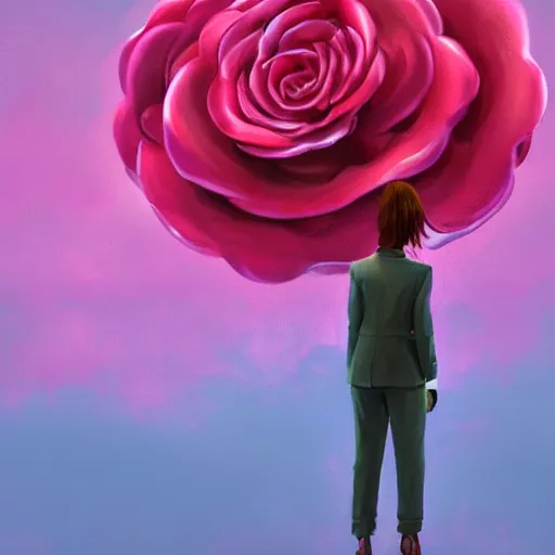 Image similar to closeup, huge rose flower head, frontal, a girl in a suit, surreal photography, sunrise, dramatic light, impressionist painting, digital painting, artstation, simon stalenhag