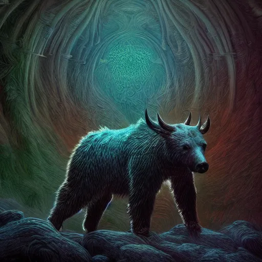 Image similar to photorealistic mystical horned bear in the style of michael whelan and gustave dore. hyperdetailed photorealism, 1 0 8 megapixels, amazing depth, glowing rich colors, powerful imagery, psychedelic overtones, 3 d finalrender, 3 d shading, cinematic lighting, artstation concept art