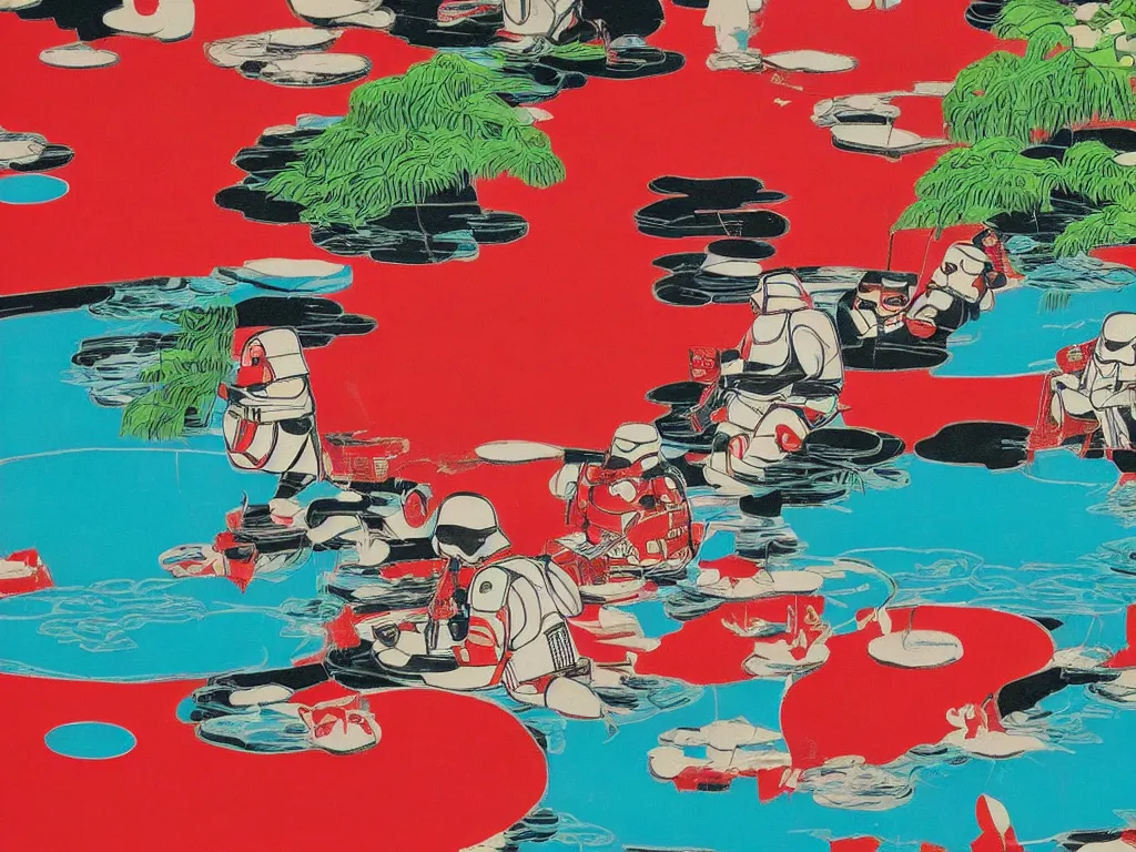 Image similar to close - up image of a japanese red house with a pond, with stormtroopers sitting around it, a combination of pop - art and traditional japanese painting styles, the style of andy warhol, roy lichtenstein and jackie tsai, bright palette, acrylic on canvas