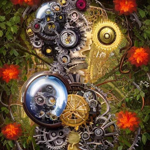 Prompt: a beautiful intricate fine art portrait photo of a mechanical industrial steampunk cybernetic yin yang symbol, overgrown with colorful flowers and leaves by tom bagshaw and sean archer, golden ratio composition, studio lighting, 50mm lens, very detailed, bionic, cybernetic scifi, deep depth of field, artstation, 8K, highly coherent