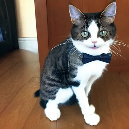 Prompt: photo of a cat with a snarky smile and wearing a suit