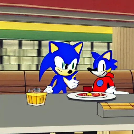Image similar to sonic and mario having dinner together at a restaurant, setting their differences aside and having a talk