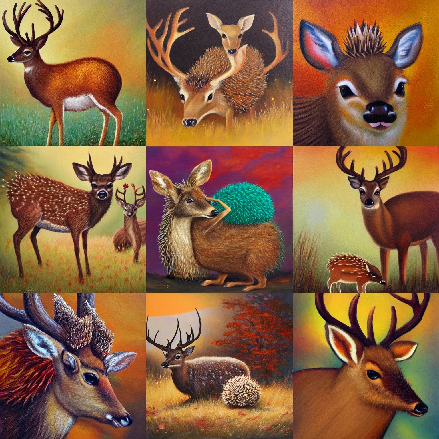 Prompt: a deer, a hedgehog sitting on the deer's head, warm colors, cute, oil on canvas, romantic, warm, realistic