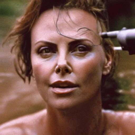 Prompt: film still, close up, charlize theron rising out of muddy vietnam river with a shotgun, face covered in mud, low camera angle at water level, night time, film still from apocalypse now ( 1 9 7 9 ), 2 6 mm.