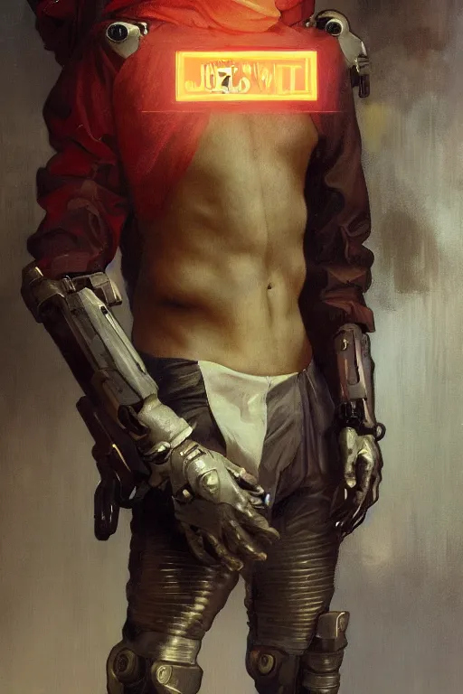 Image similar to a full body fantasy portrait oil painting illustration of an man by Justin Sweet and Greg Rutkowski and Alphonse Mucha with face and body clearly visible, visible pupils, techwear, futuristic, cyberpunk, artstation trending, high quality, sombre mood, artstation trending, muted colours, no crop, entire character!,