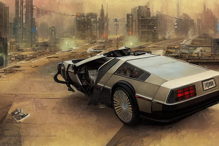 Image similar to photograph of the delorean, with a sleek spoiler, driving down the streets of a cyberpunk abandoned city, by greg rutkowski, by stanley artgerm, by alphonse mucha