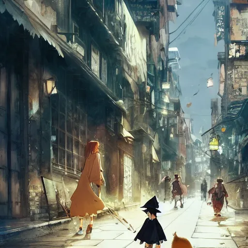 Prompt: anime key visual of a little witch with her capybara mascot walking through busy cities, cinematic lighting, dramatic atmosphere, by dustin nguyen, akihiko yoshida, greg tocchini, greg rutkowski, cliff chiang, 4 k resolution, craig mullins