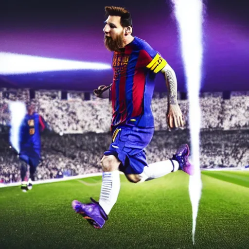 Prompt: lionel messi running extremely fast while his body emits blue lightning, 8 k