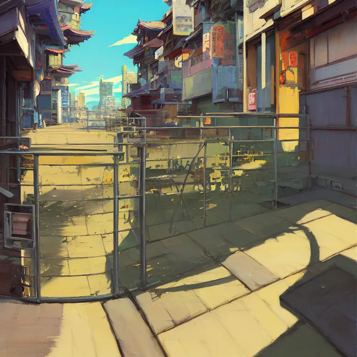 Prompt: front view painting of a stone railing urban japanese city in the background in the style of cowboy bebop, anime style, calm, sunny day, bright, artwork by jeremy lipkin and giuseppe dangelico pino and michael garmash and rob rey and greg manchess and huang guangjian and makoto shinkai, sharp edges, simple form, 1 0 0 mm