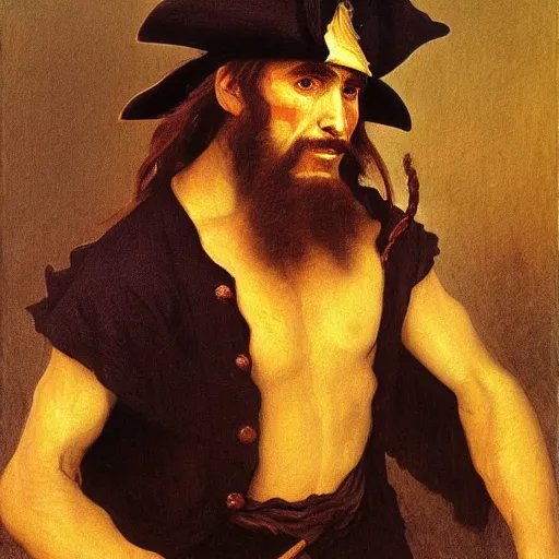 Image similar to Painting of Davy Jones from Pirates of the Caribbean. Art by William Adolphe b Bouguereau. During golden hour. Extremely detailed. Beautiful. 4K. Award winning.