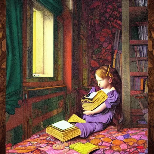 Prompt: illustration of a beautiful child reading books, beautifully portraied inside a futuristic maximalist hyperdetailed room. in the style of Caravaggio, Michelangelo, Paul Gauguin, Modigliani, with flemish baroque vibrant shiny maximalist mixed media 3d textures in soft pastel tones. matte background. HD HD HDR high res 8x sharp