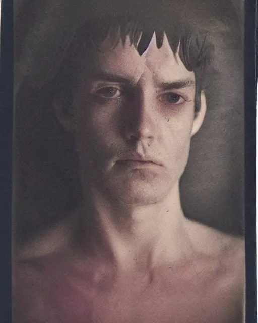Prompt: an instant photo of a handsome but sinister ghost of a young man in layers of fear, with violence in his eyes, 1 9 7 0 s, seventies, woodlands, delicate embellishments, painterly, offset printing technique, by mary jane ansell