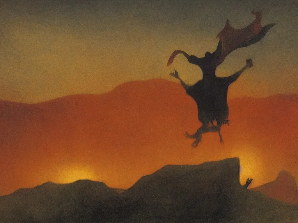Prompt: painting by mikalojus konstantinas ciurlionis, bosch, agnes pelton. devil jumping from roof to roof. sunset, fog, landscape with mountains