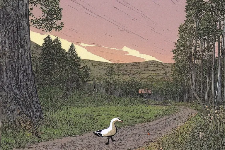 Image similar to country road cabin goose by moebius