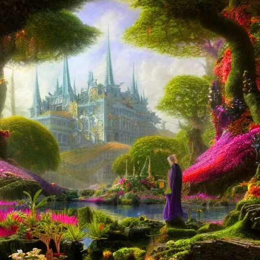 Prompt: a beautiful and highly detailed matte painting of a beautiful palace in a magical fantasy forest garden, colorful flowers and trees, psychedelic vegetation, epic scale, insanely complex, hyperdetailed, sharp focus, hyperrealism, artstation, cgsociety, 8 k, bright colors, by caspar friedrich, albert bierstadt, james gurney, brian froud,