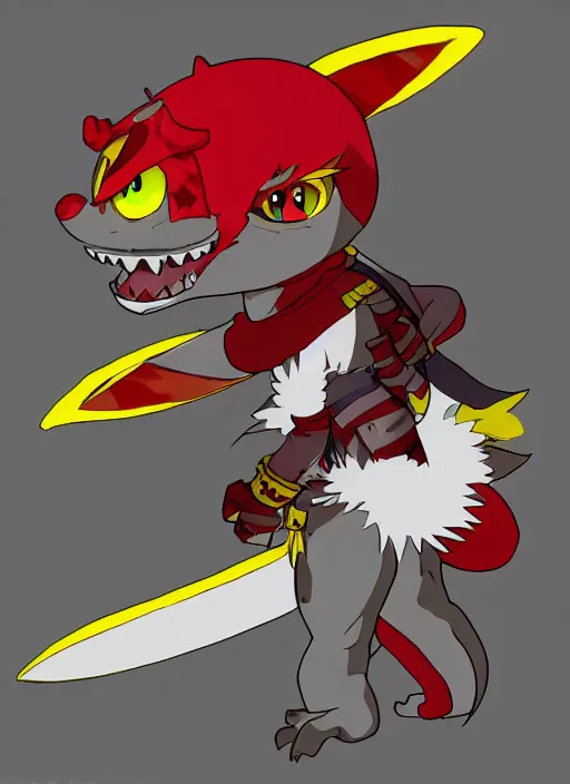 Prompt: anime grey and red kobold swashbuckler with yellow eyes and small wings, full body, anime style, anime