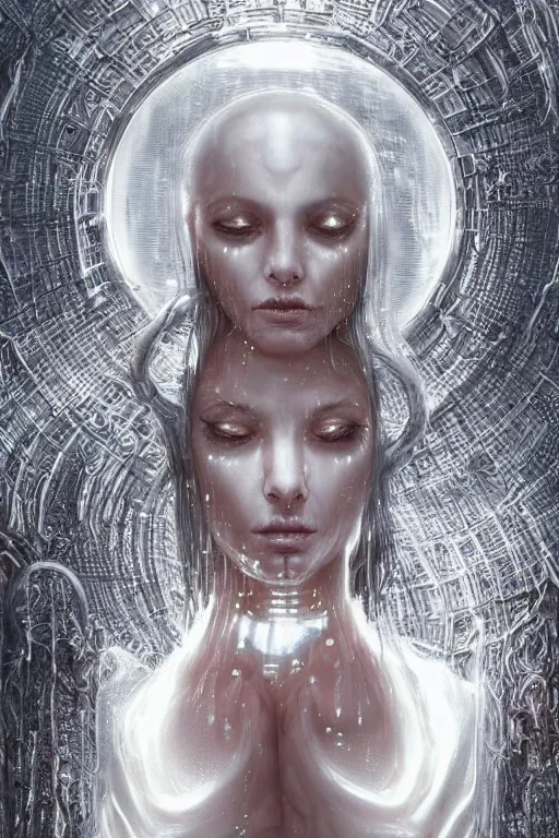 Prompt: beautiful artificial transparent female entity fused with poltergeist, eternal machine, white liquid tears running down the face, the end of a soul journey, few elegant ornate wire pattern, portrait, intricate details, violent and vicious appearance, scifi, space horror, by vincent di fate, artgerm, julie bell, beeple and Greg Rutkowski, 90s, concept, Smooth gradients, octane render, 8k, High contrast, duo tone, depth of field, very coherent symmetrical artwork