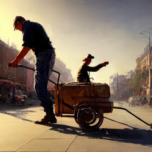 Image similar to a man drags a cart, hyperrealism, no blur, 4 k resolution, ultra detailed, style of ron cobb, adolf hiremy - hirschl, syd mead, ismail inceoglu, rene margitte