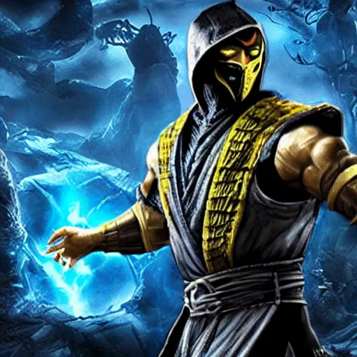 Prompt: scorpion mortal kombat blue, video game