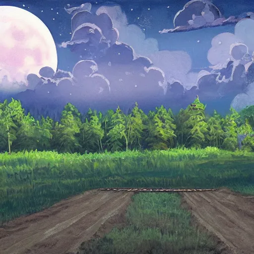 Prompt: empty village runway panorama in the woods with dramatic sky and giant moon, painting by pixar disney ghibli gouache painting