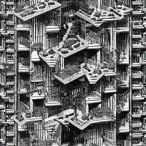 Image similar to “the hanging gardens of Babylon mixed with an m. C. Escher sketch”