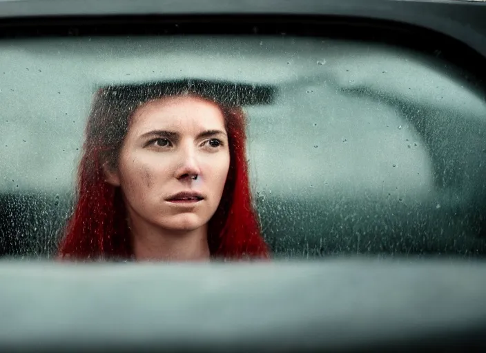 Image similar to A very high resolution image from a new movie, inside of a car, red hair woman, raining, hot, directed by wes anderson