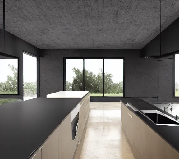 Image similar to brutalist black house kitchen with 2 islands interior design minimalist organic, organic architecture furniture open space high quality octane render blender 8 k