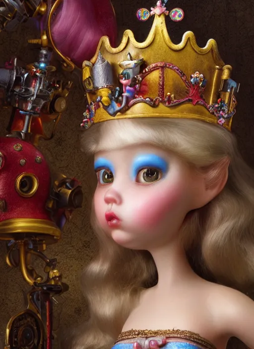 Image similar to highly detailed closeup, profile portrait of a tin toy fairytale princess wearing a crown, bikini, unreal engine, nicoletta ceccoli, mark ryden, earl norem, lostfish, global illumination, detailed and intricate environment