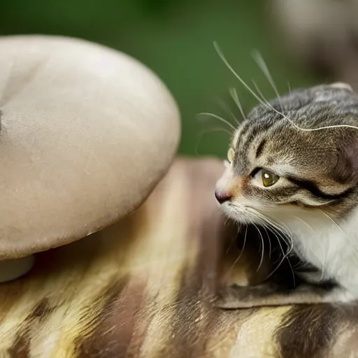 Image similar to a small domestic housecat with a thin mushroom growing atop its head