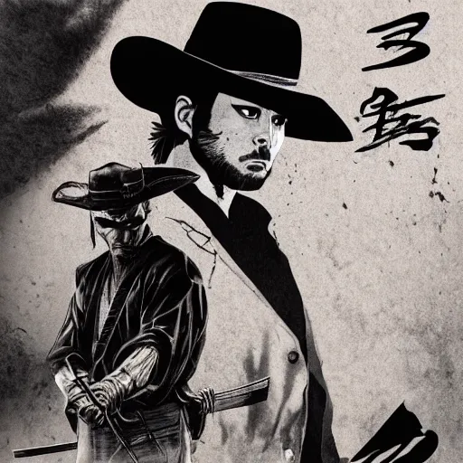 Prompt: noir samurai gunslinger dueling cowboy, hyper realistic, noir, dark, bloody