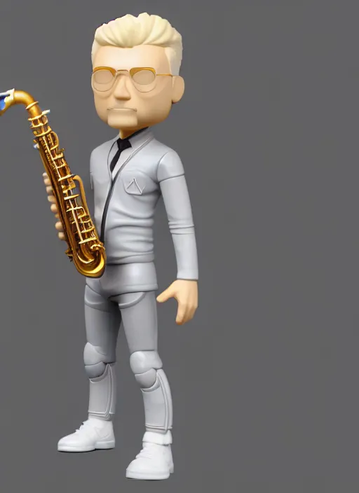 Image similar to full body 3d render of blond futuristic man playing sax as a funko pop!, studio lighting, grey background, single body, no shadow, blender, trending on artstation, 8k, highly detailed