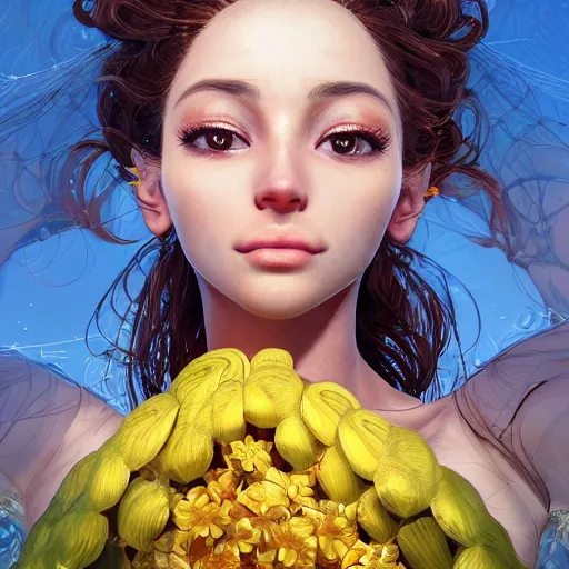 Image similar to the portrait of an absurdly beautiful, graceful, elegant young latina woman made of bananas and petals looking up, an ultrafine detailed illustration by kim jung gi, irakli nadar, intricate linework, bright colors, octopath traveler, final fantasy, angular, unreal engine 5 highly rendered, global illumination, radiant light, detailed and intricate environment