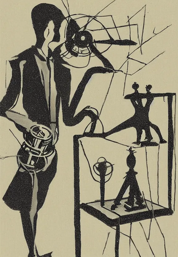 Image similar to a concept drawing of marcel duchamp holding up a chess - piece wire - machine, a surrealist painting by marcel duchamp, complex artificial - intelligence machinery, minimal sketch flow - chart, academic art, 1 9 2 0 s