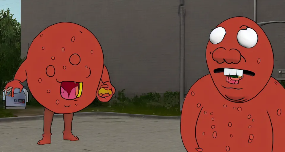 Image similar to Screenshot of a 3d version of a 3d Meatwad from Aqua Teen Hunger Force as a 3d NPC in the realistic 3d videogame 'Grand Theft Auto V' (2013). Sharpened. 1080p. High-res. Ultra graphical settings.