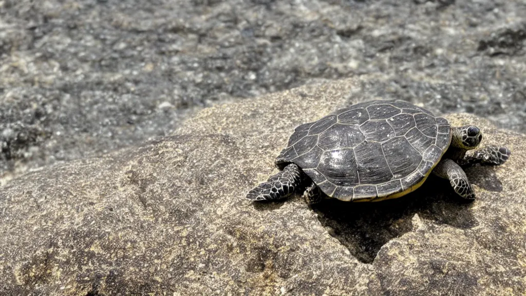 Image similar to a turtle on a rock looking at the sea, macro 8mm photo, the camera is behind the turtle